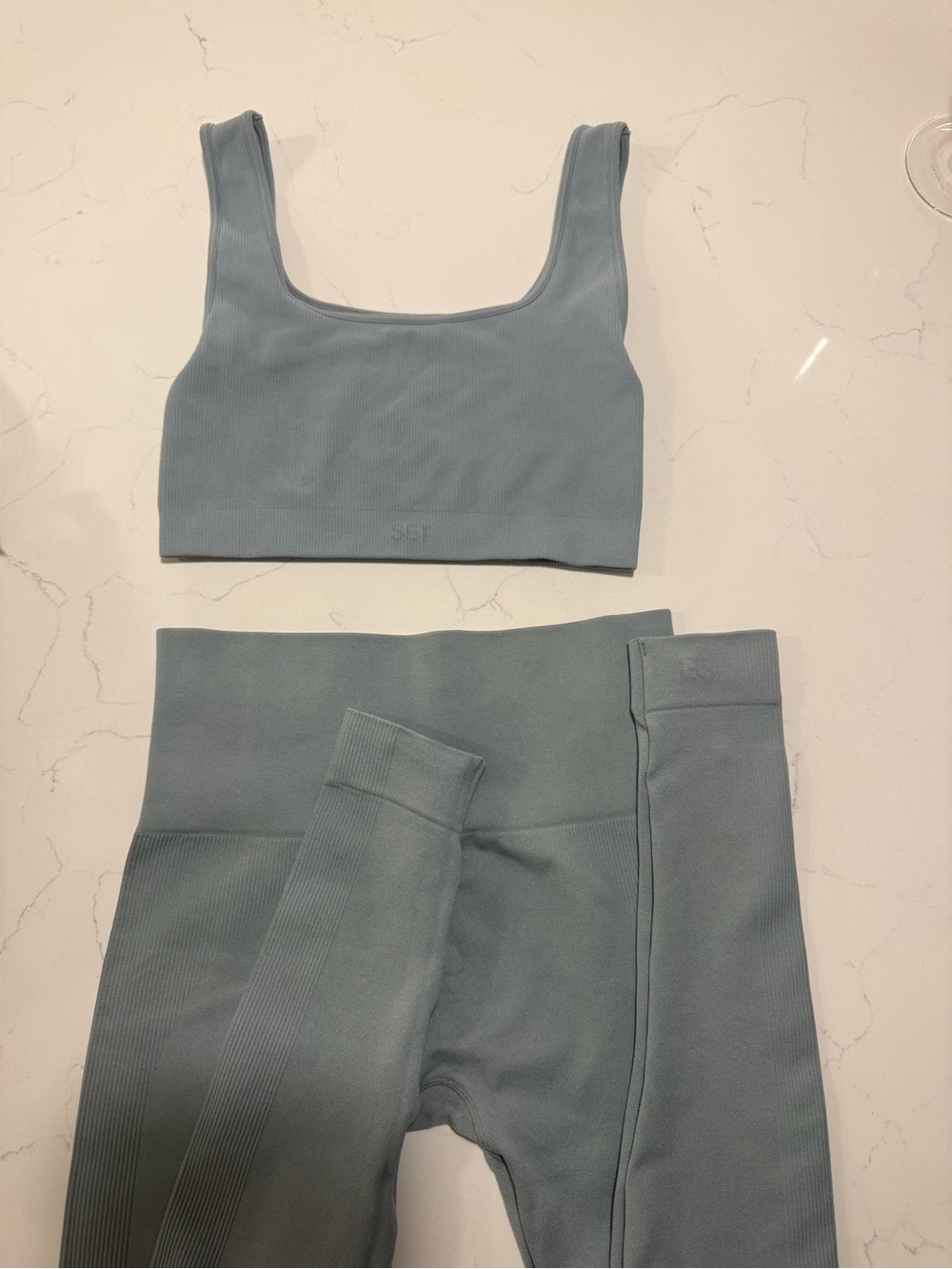 SET Active Ribbed Crop Bra & High-Waist Leggings Set - Slate Green